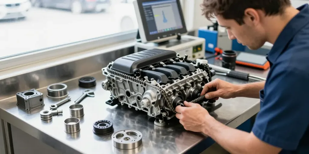 Professioneller Mechaniker überprüft einen BMW Motor in einer BMW Werkstatt Hannover mit modernen Diagnosegeräten.