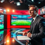 Engaging sports broadcasting scene with a professional anchor delivering live updates.