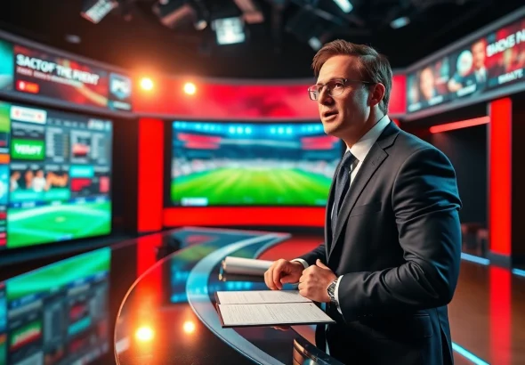 Engaging sports broadcasting scene with a professional anchor delivering live updates.