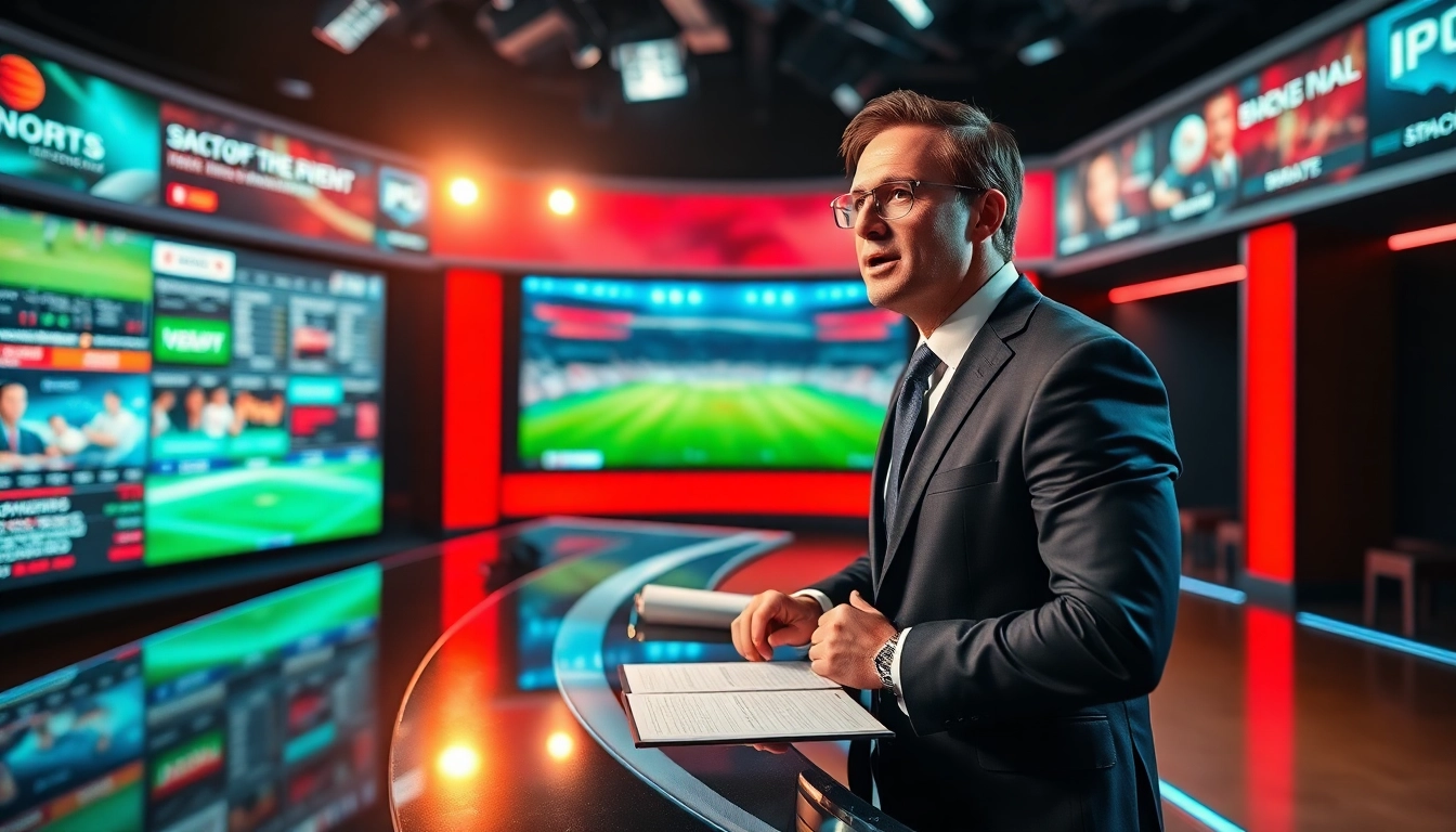 Engaging sports broadcasting scene with a professional anchor delivering live updates.