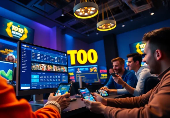 Top 10 nhà cái uy tín illustrated in a vibrant online gambling environment.
