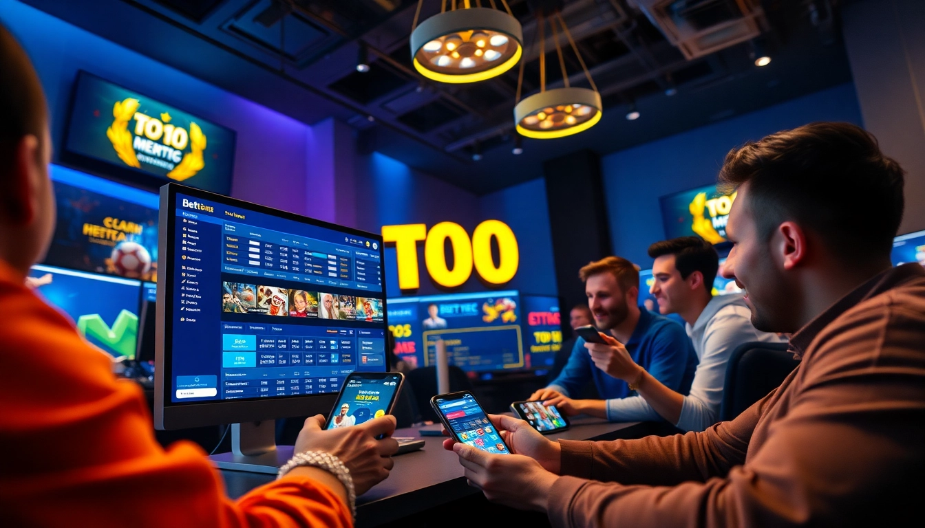 Top 10 nhà cái uy tín illustrated in a vibrant online gambling environment.
