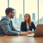 Headhunter Schweiz wohnt im modernen Büro und führt ein Gespräch mit einem Kandidaten.