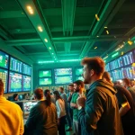 Exciting scene of top 10 trang cá cược bóng đá with enthusiastic fans and live betting screens.