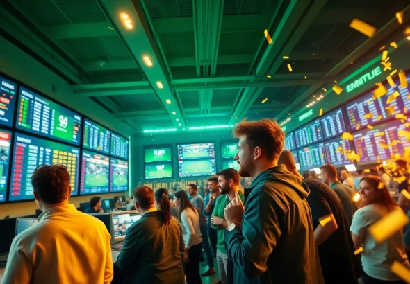 Exciting scene of top 10 trang cá cược bóng đá with enthusiastic fans and live betting screens.