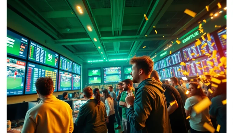 Exciting scene of top 10 trang cá cược bóng đá with enthusiastic fans and live betting screens.