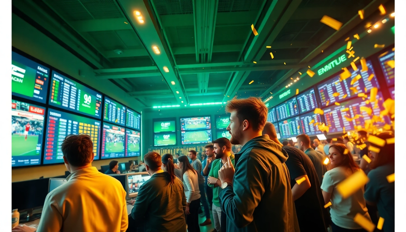 Exciting scene of top 10 trang cá cược bóng đá with enthusiastic fans and live betting screens.