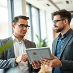 Headhunter Schweiz berät Klienten in modernem Büro mit Tablets.