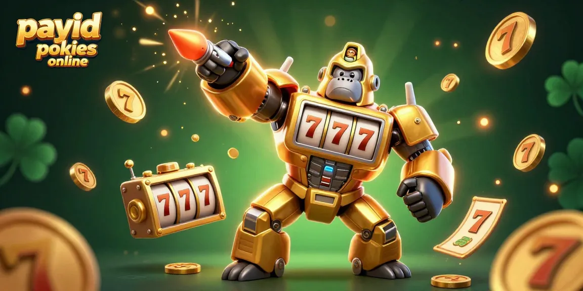 Experience thrilling payid pokies online with this action-packed 3D illustration featuring exciting slot machines and a golden gorilla mech.