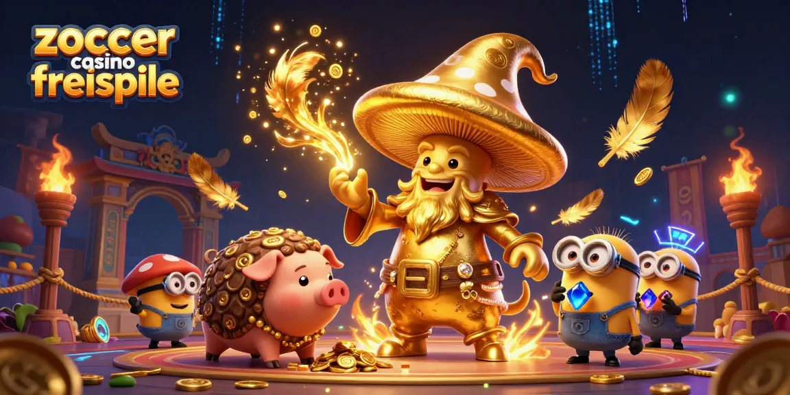 Erleben Sie die Magie von Zoccer Casino Freispielen mit diesem bunten, goldenen Casino-Illustrationskunstwerk.