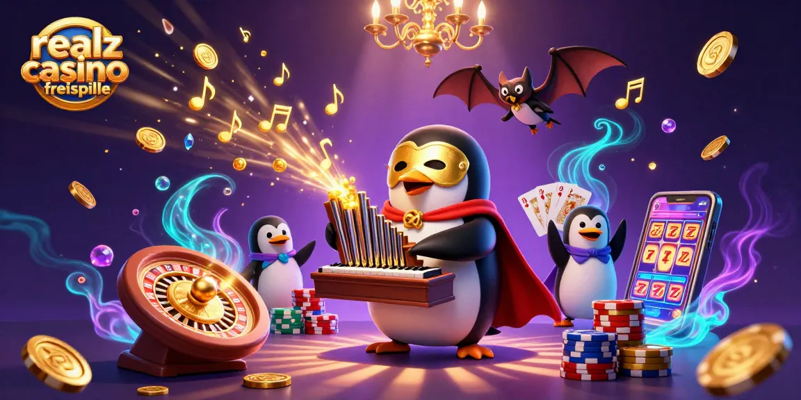 Erlebe realz casino freispiele mit einem 3D-Pinguin, der Goldmünzen aus einer Orgel spielt.