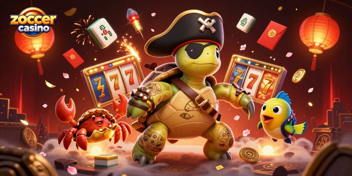Zoccer casino showcases a vibrant scene of a pirate turtle and friends amidst spinning slot reels and glowing lanterns.